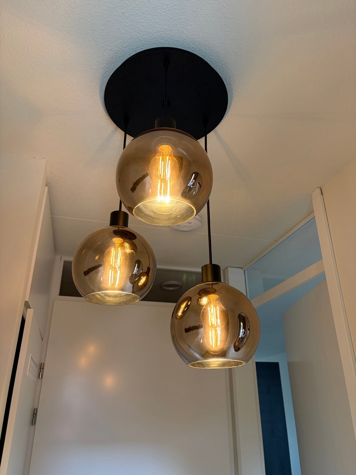Hanglamp met 3 bronskleurige glazen bollen (dimbaar), Ophalen, Gebruikt, Glas
