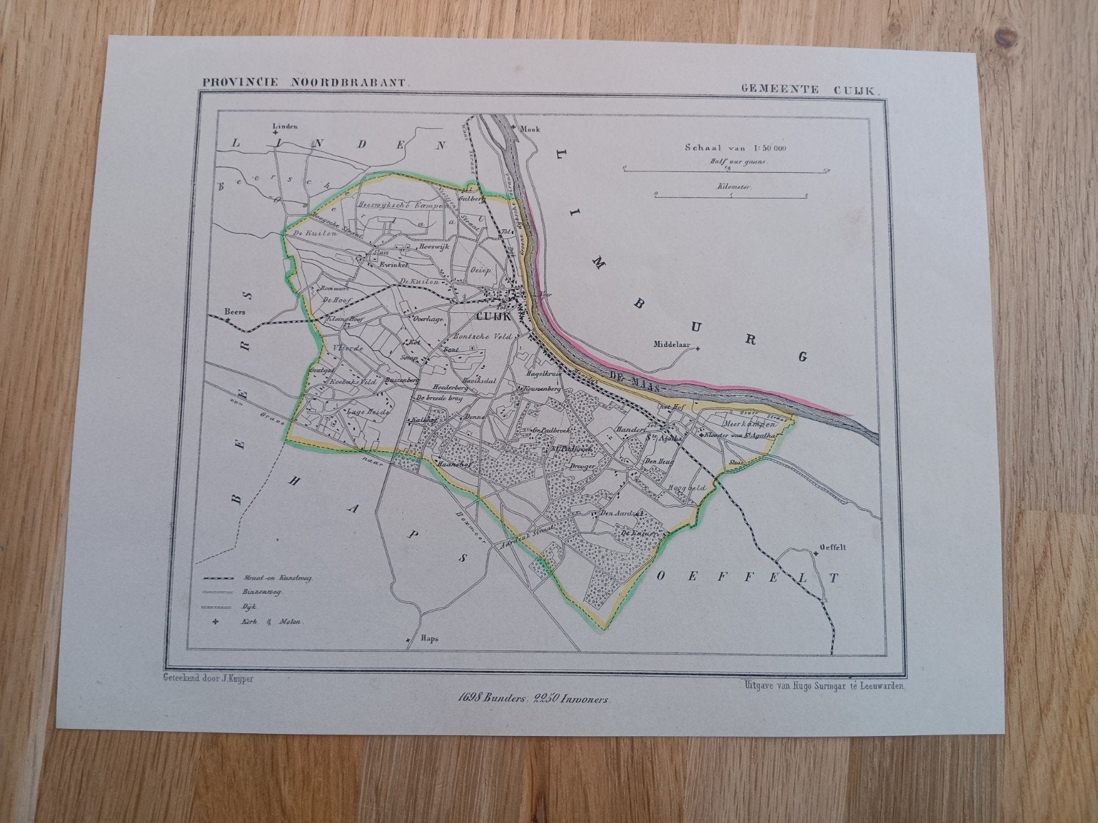 Oude kaart Gemeente Cuijk, Provincie Noordbrabant, Boeken, Atlassen en Landkaarten, Gelezen, J. Kuyper, Ophalen of Verzenden, Landkaart