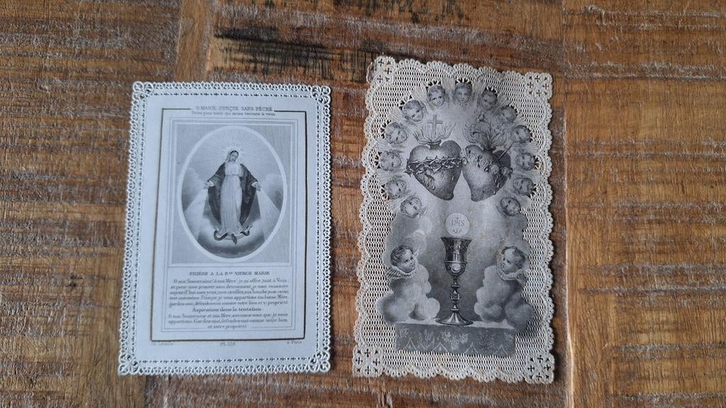 13 oude kanten religieuze prentjes, zie foto's, Ophalen of Verzenden