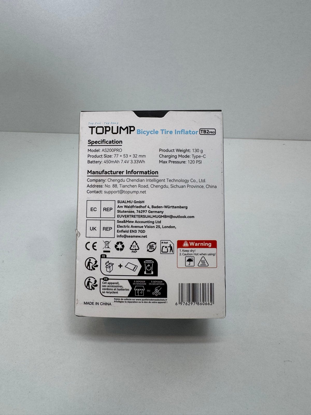 Topump TB2 Pro Draagbare Fietsbandenpomp met Drukmeter, Ophalen of Verzenden, Drukmeter, Nieuw