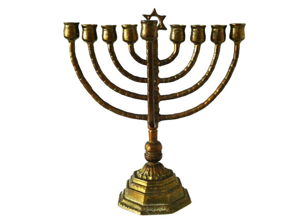 9 Armige bronzen Joodse Chanoeka kandelaar met Davidster, Ophalen of Verzenden, Koper of Brons