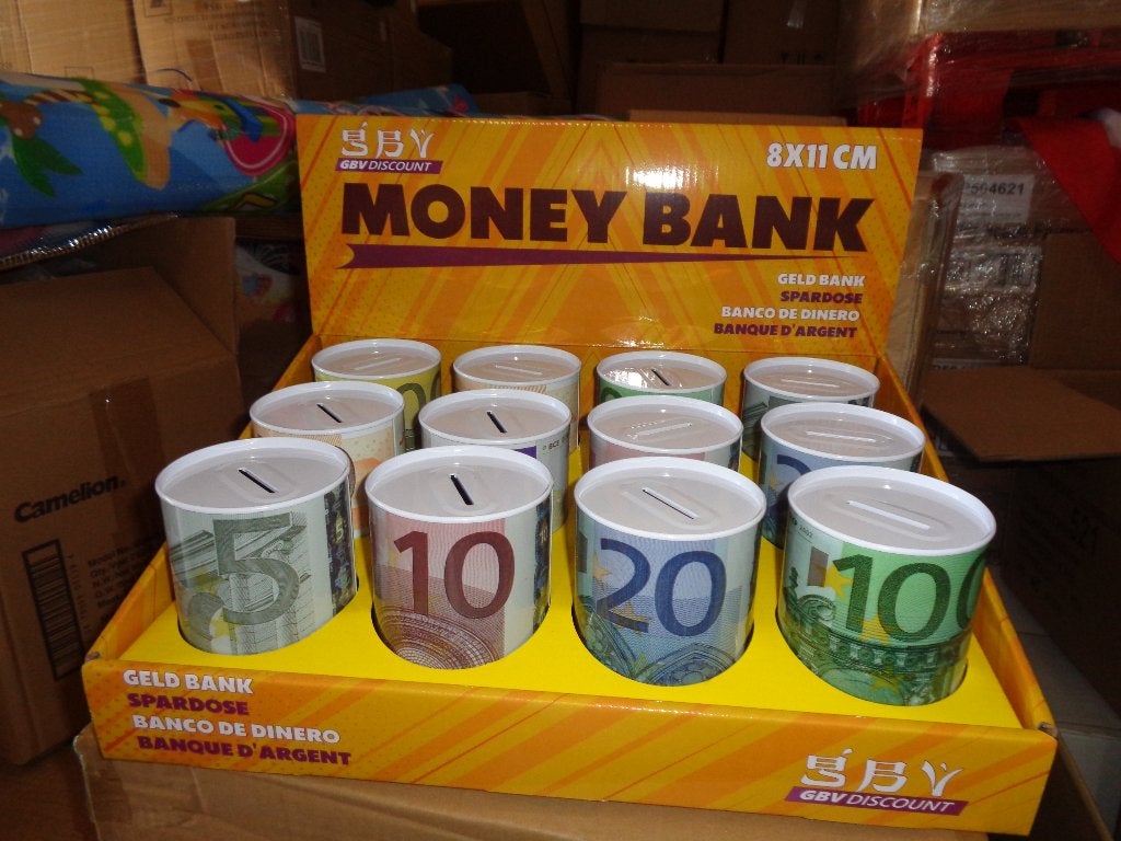PARTIJ METALEN EURO SPAARPOT MONEY BANK 8X11CM IN DISPLAY, ., Nieuw, Ophalen of Verzenden, .
