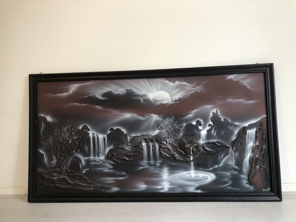 Uniek 3D Airbrush Schilderij met Reliëf & Glitters (1987), Ophalen, 50 – 75, Zo goed als nieuw, Schilderij