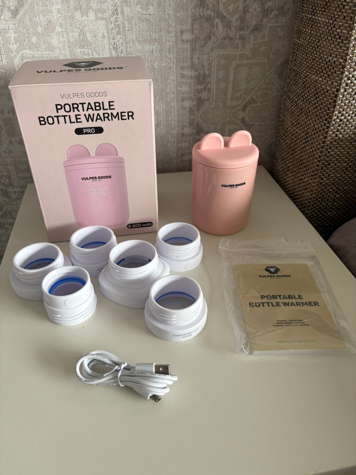 ONGEBRUIKT Draagbare Baby Flessenwarmer PRO MAX – Roze, Flessen- of potjesverwarmer, Draadloos, Nieuw, Vulpes Goods