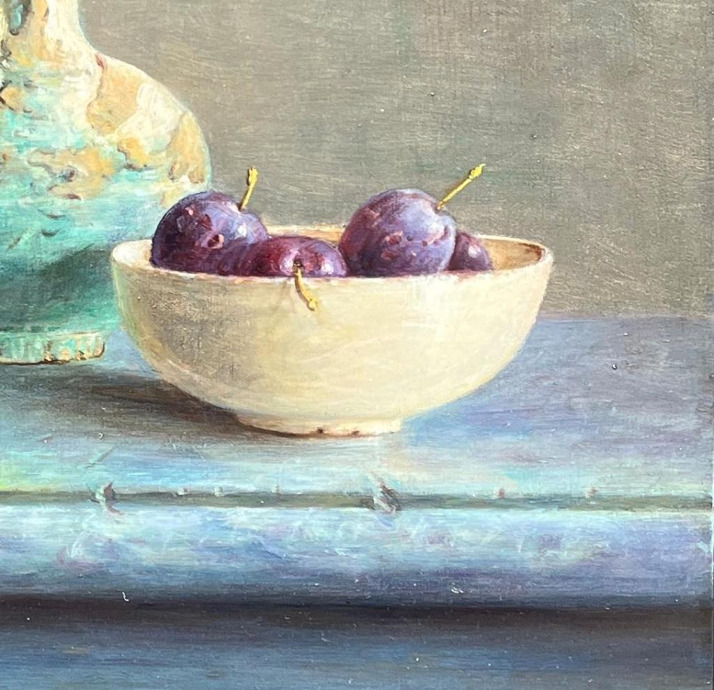 Schilderij kersen en pruimen in een schaaltje., Ophalen of Verzenden