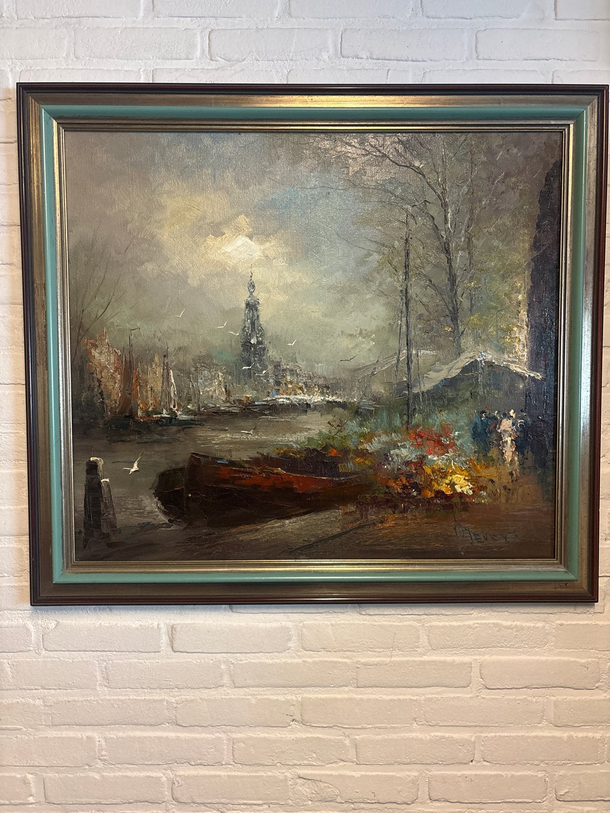 Sfeervol Schilderij Stadsgezicht aan het Water, Jan.Bevort, Doek, Realistisch, Ophalen of Verzenden, Gesigneerd