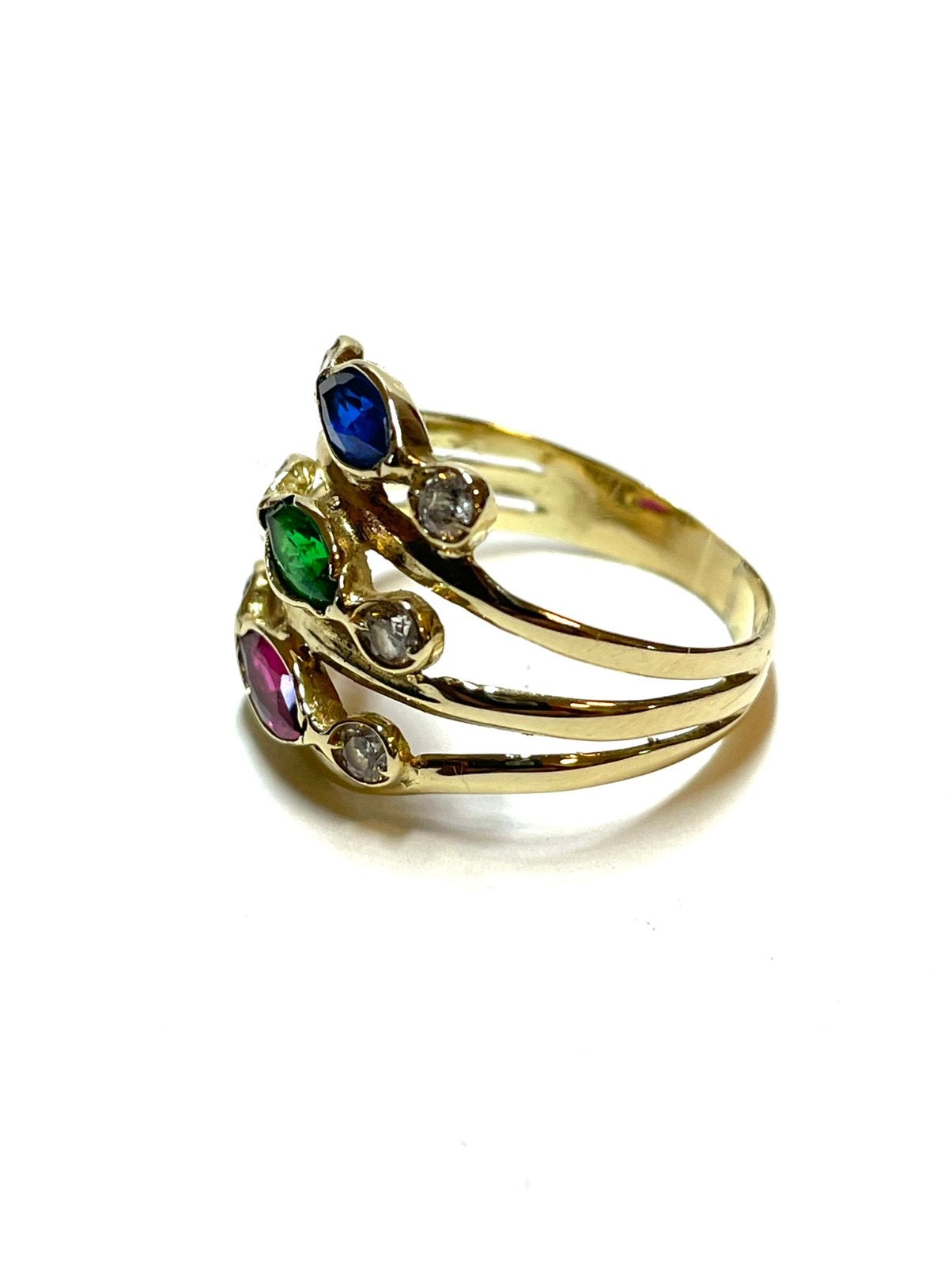 14k gouden ring met saffier, smaragd, robijn en zirkonia, -, -, Ophalen of Verzenden, Zo goed als nieuw