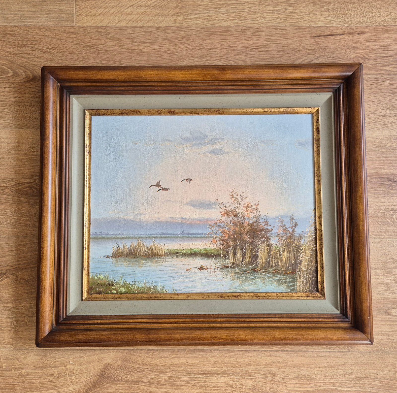 Gien Brouwer - landscape met eenden olieverfschilderij, Ophalen, Doek, Landschap, Olieverf