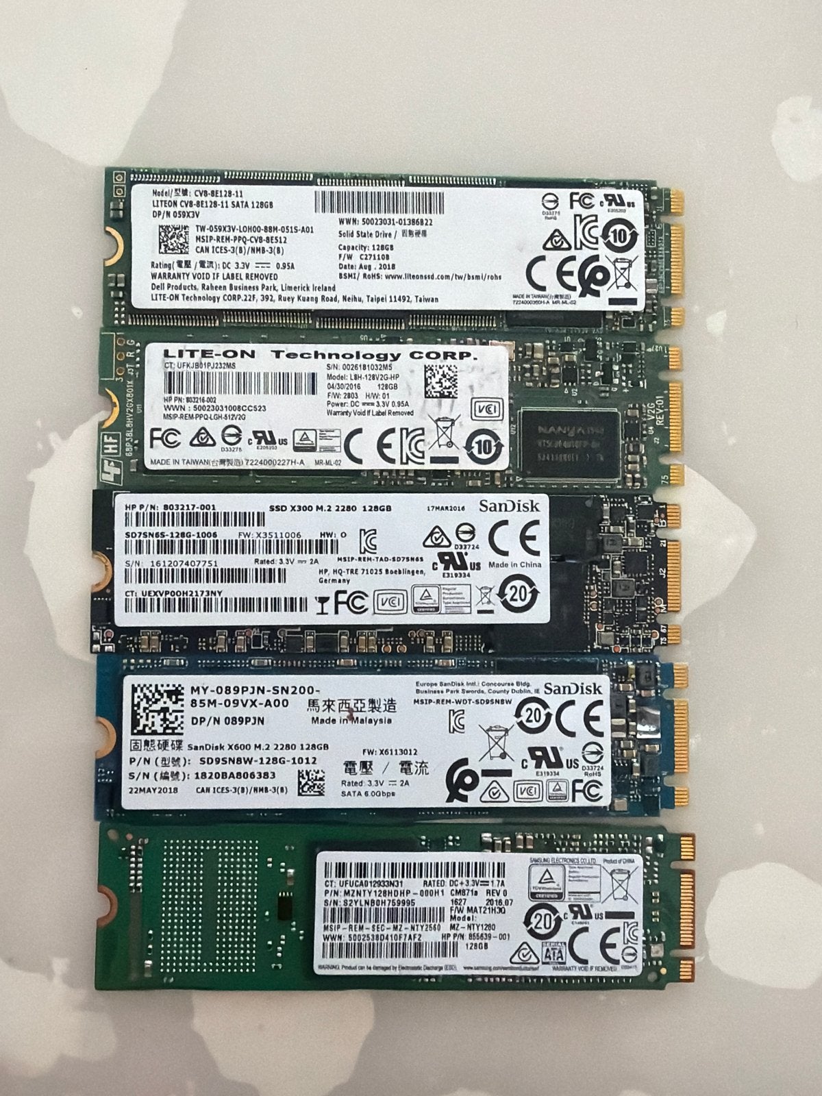 Diverse 128GB M.2 SSD's - Lite-On, SanDisk, HP, Computers en Software, Harde schijven, Gebruikt, Server, Intern, SSD, SATA, Ophalen of Verzenden