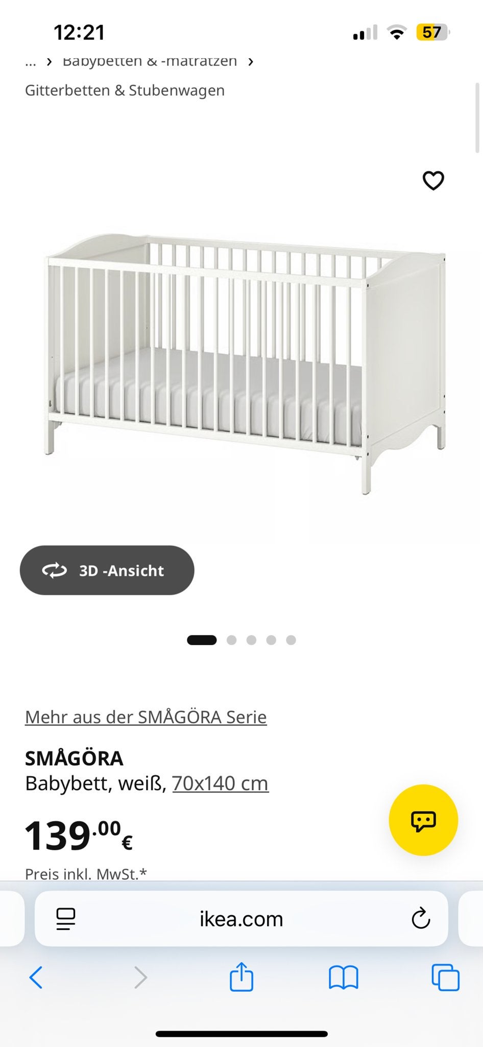 IKEA SMÅGÖRA Babybed met matras, wit, 70x140 cm, Ophalen, Gebruikt, 70 tot 85 cm, 140 tot 160 cm