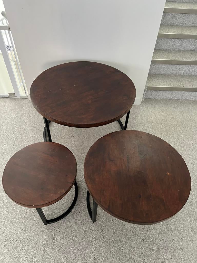Ronde salontafels set van 3 - Hout en Metaal, Ophalen, Gebruikt, Rond, 50 tot 100 cm