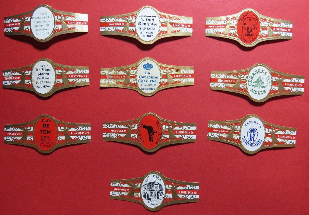 Sigarenbandjes Reclamebandjes R.Janssens & Zn. 10x, Verzenden, Gebruikt, Sigarenbandjes