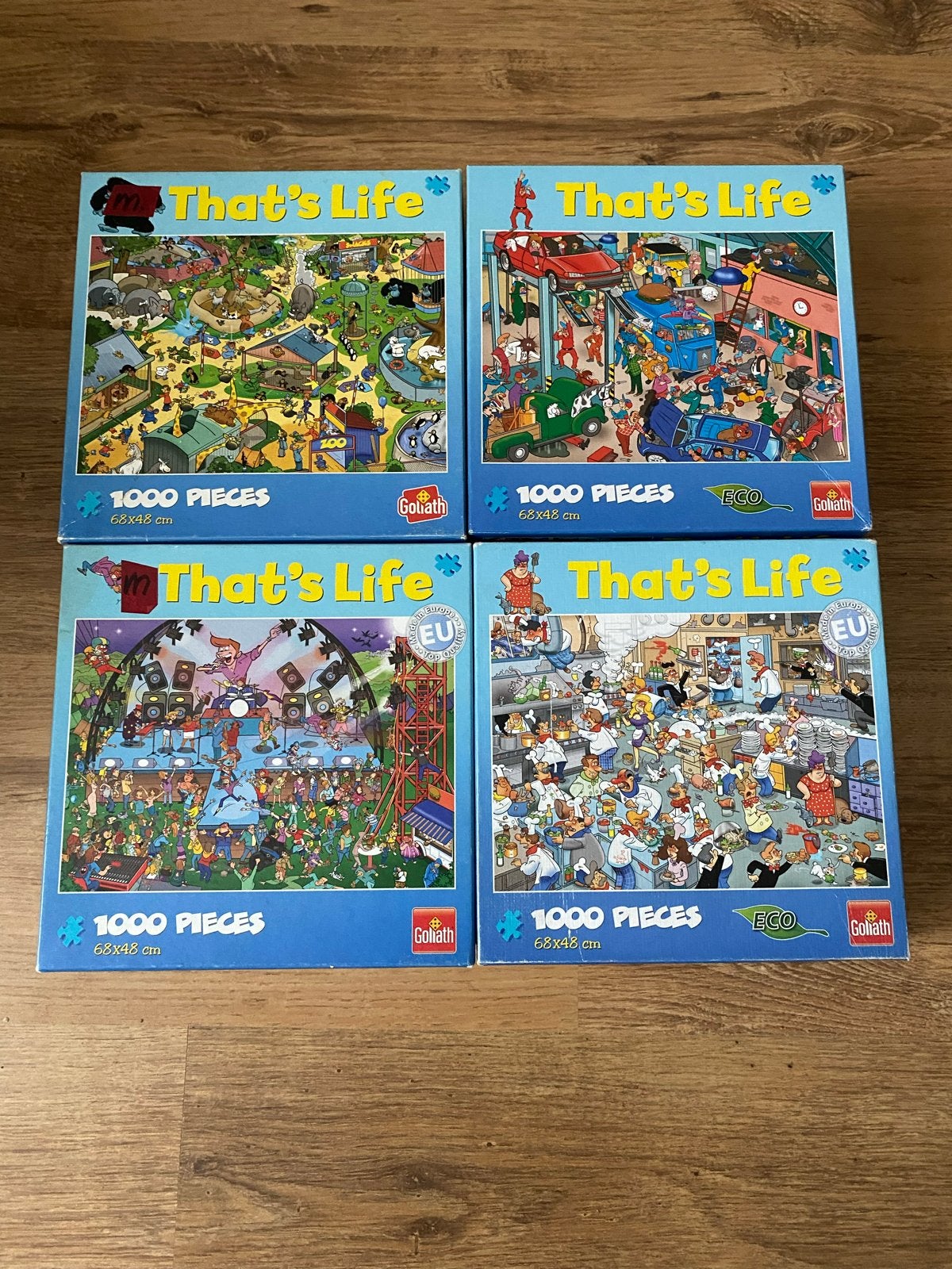 6x Goliath legpuzzel 1000 sts, Wacky World & That's Life, Ophalen of Verzenden, 500 t/m 1500 stukjes, Zo goed als nieuw, Legpuzzel