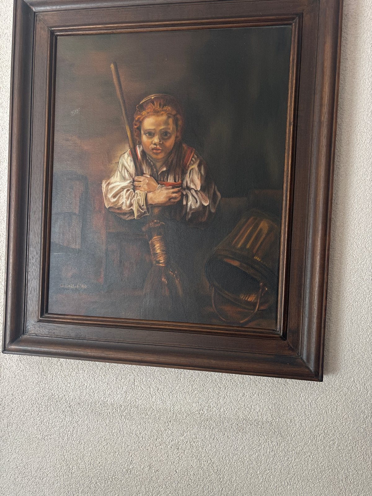 Olieverfschilderij 'Jongen met bezem' - W. Kerkhof '80, Antiek en Kunst, Ophalen, Doek, Portret of Personen, Realistisch
