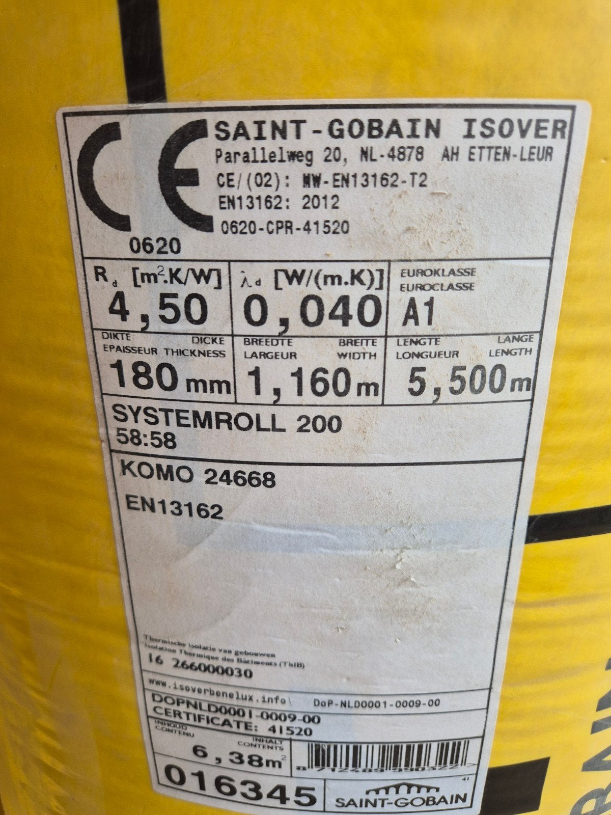 Isolatie rollen ISOVER Saint-Gobain 180mm dik, Ophalen, Nieuw, 15 m² of meer, Glaswol