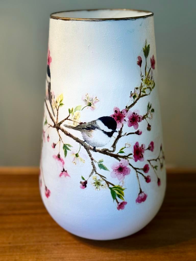 Decoupage Glazen Vaas met Vogel en Bloesem, Overige kleuren, Nieuw, Ophalen of Verzenden, Glas