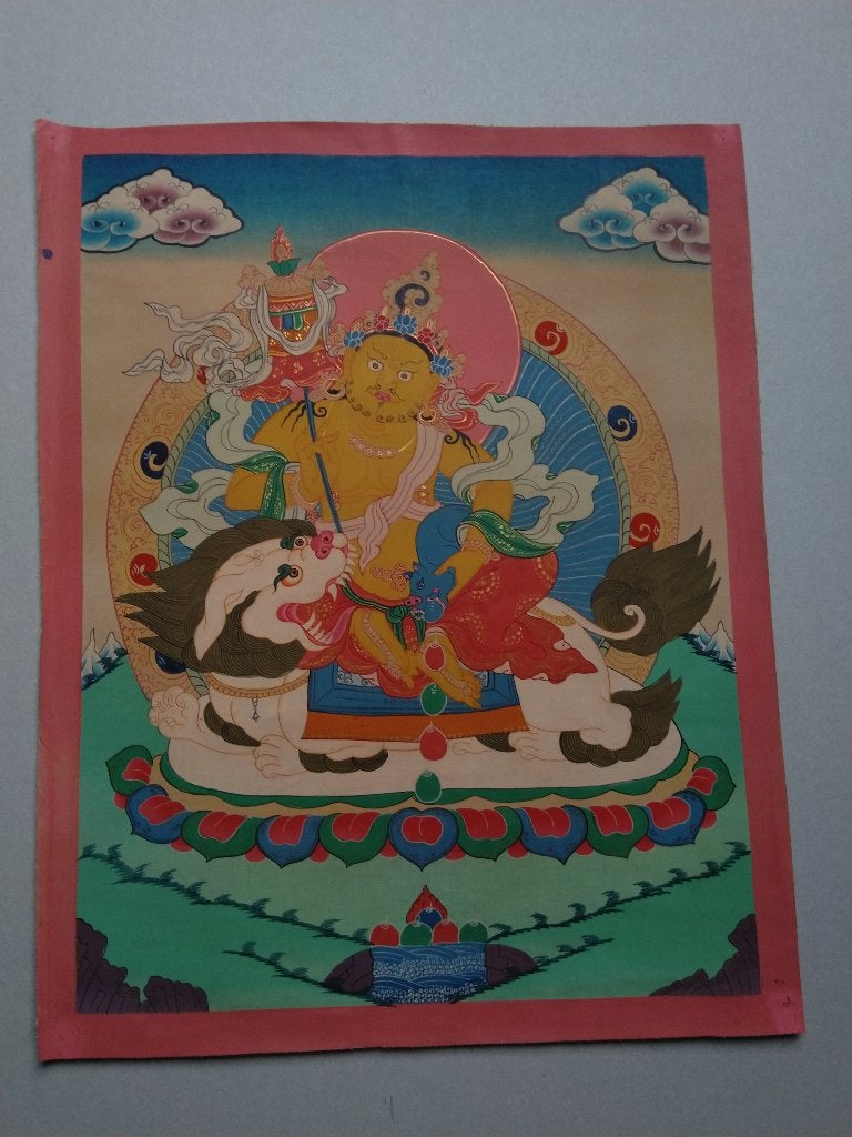 Boeddhistische Thangka schildering - Godheid op leeuw, Ophalen of Verzenden