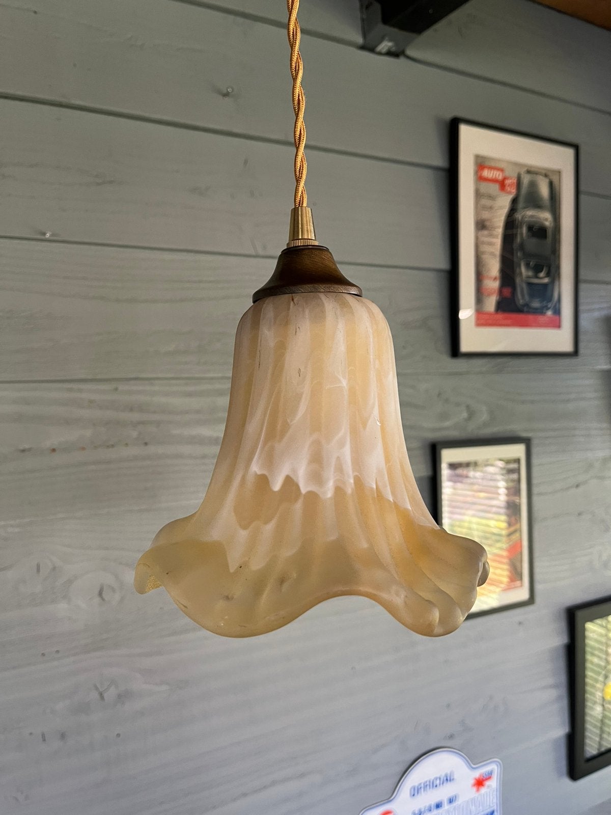 Vintage handgemaakte creme glazen tulp hanglamp, Gebruikt, Glas, Vintage spaans boho ibiza jaren 60 mid century, E27 (groot)