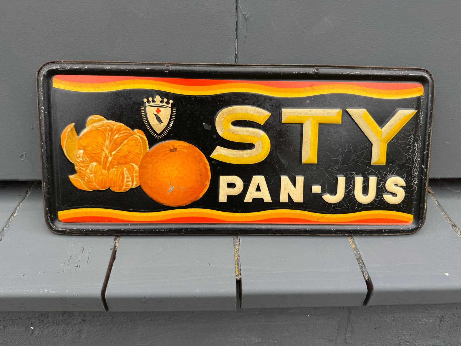 Vintage Sty Pan-Jus reclamebord - 1947, Ophalen of Verzenden, Gebruikt, Reclamebord