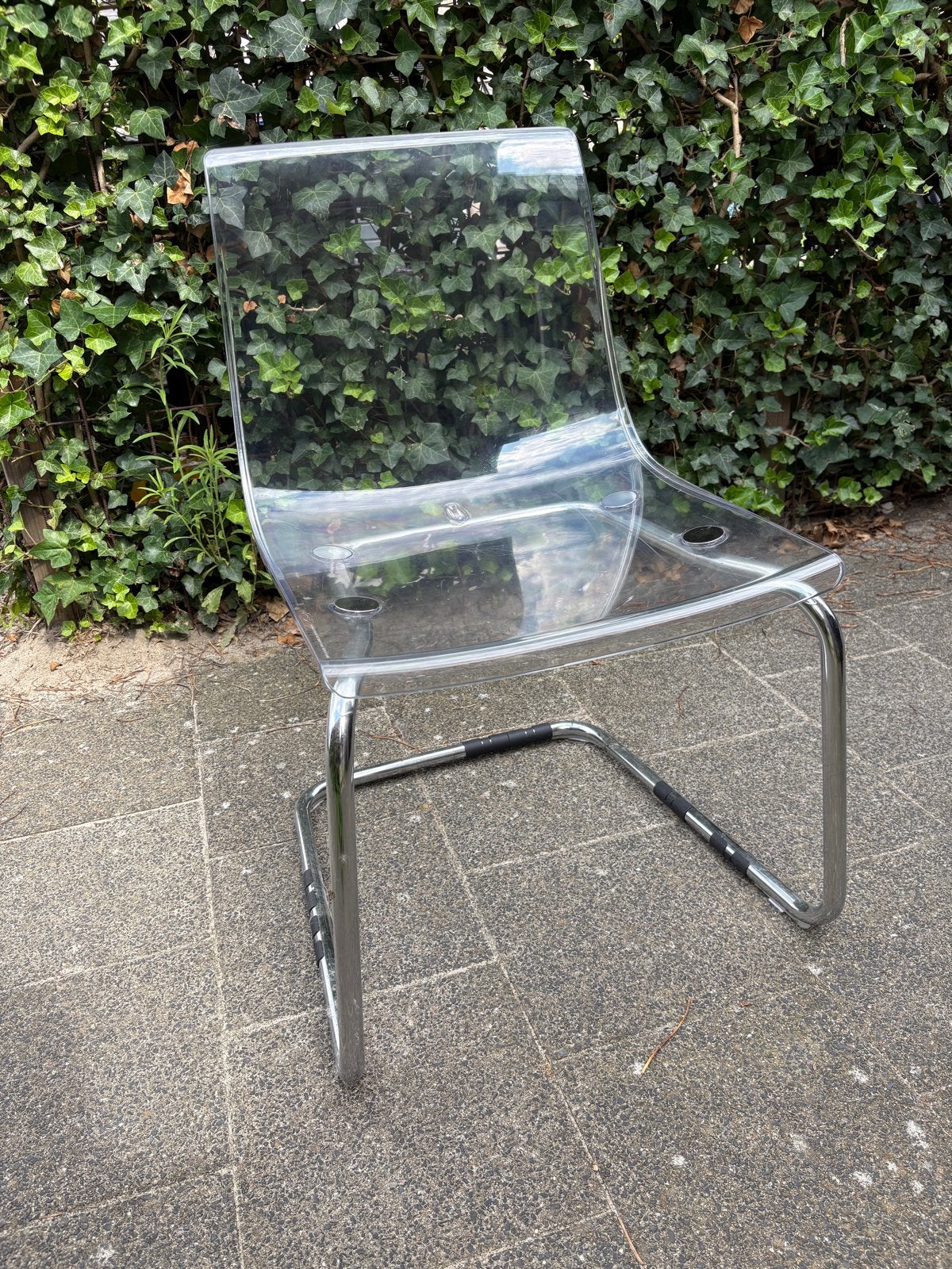 Transparante stoel met chromen onderstel, Kunststof, Gebruikt, Overige kleuren, Ophalen of Verzenden