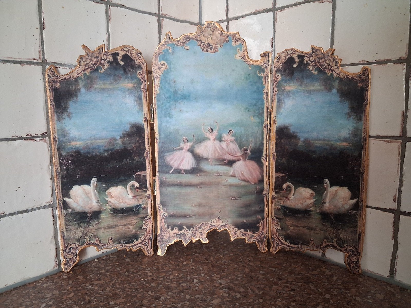 Decoratief drieluik met zwanen en ballerina's, Ophalen of Verzenden