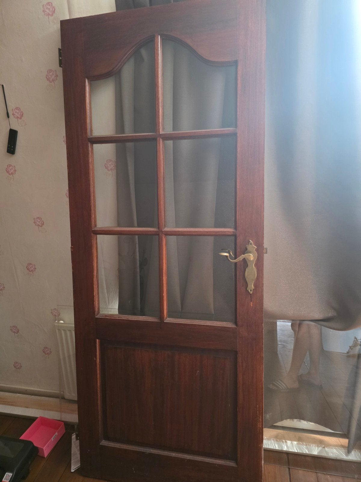 Houten binnendeur met glas en messing beslag, Doe-het-zelf en Verbouw, Gebruikt, 80 tot 100 cm, Binnendeur, Ophalen of Verzenden