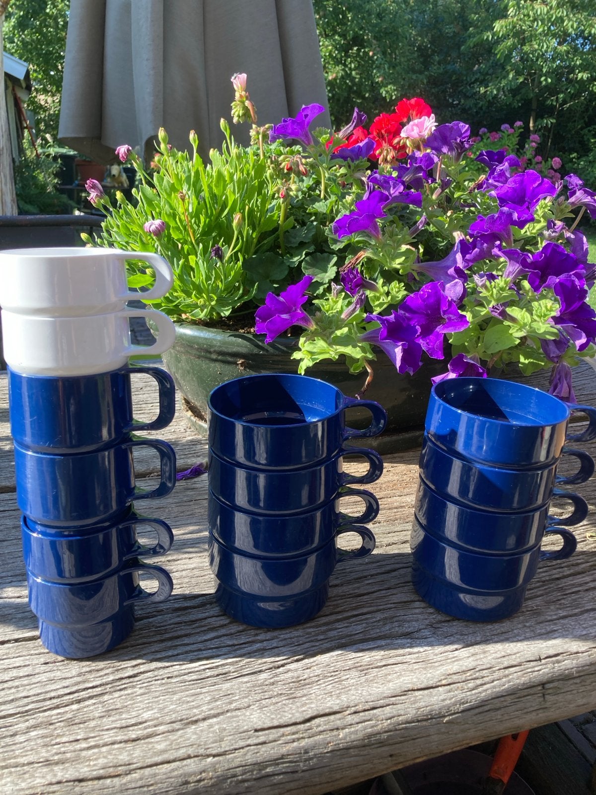 Coppia camping servies, 14 delig - blauw en wit, Ophalen of Verzenden, Gebruikt