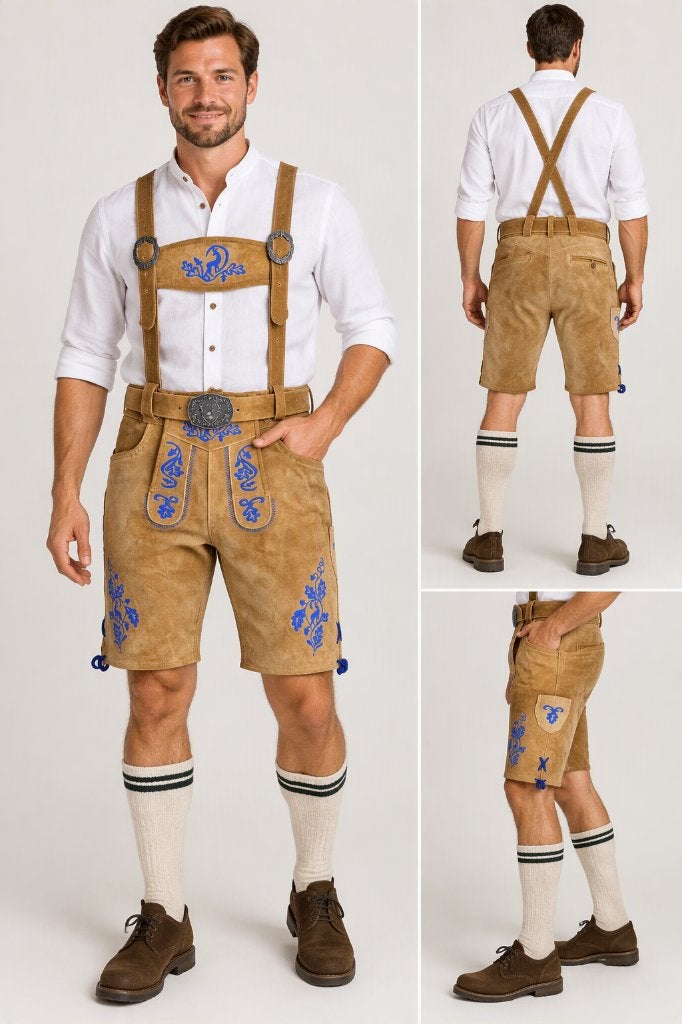 Heren lederhosen kort maat 48 tm 58 echt leer blauw, Maat 52/54 (L), Trachtenmode.nl, Nieuw, Ophalen of Verzenden