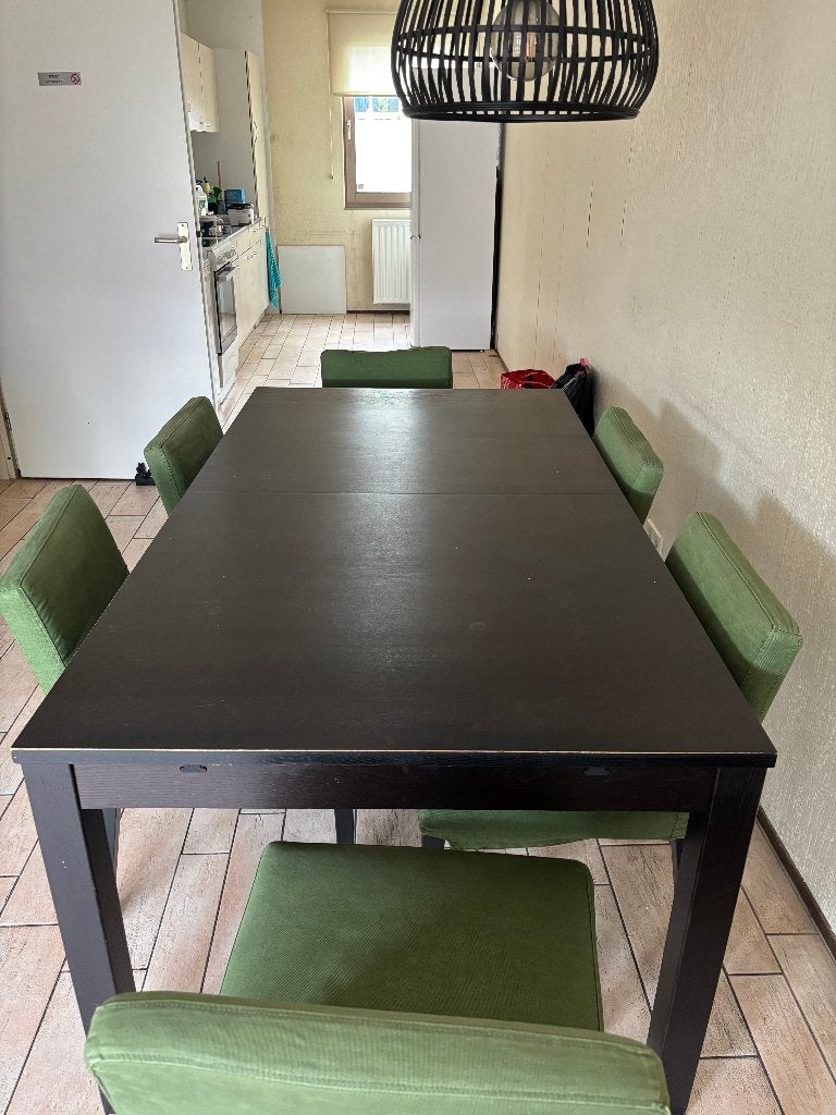 Ikea Bursta uitschuifbare eettafel met 6 Hendriksdal stoelen, Ophalen, Gebruikt, 200 cm of meer, 50 tot 100 cm