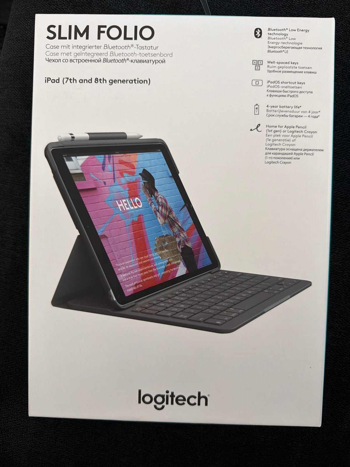 Logitech Slim Folio Toetsenbordhoes voor iPad (7e/8e gen), Computers en Software, Ophalen of Verzenden, Nieuw, Zwart, Apple iPad