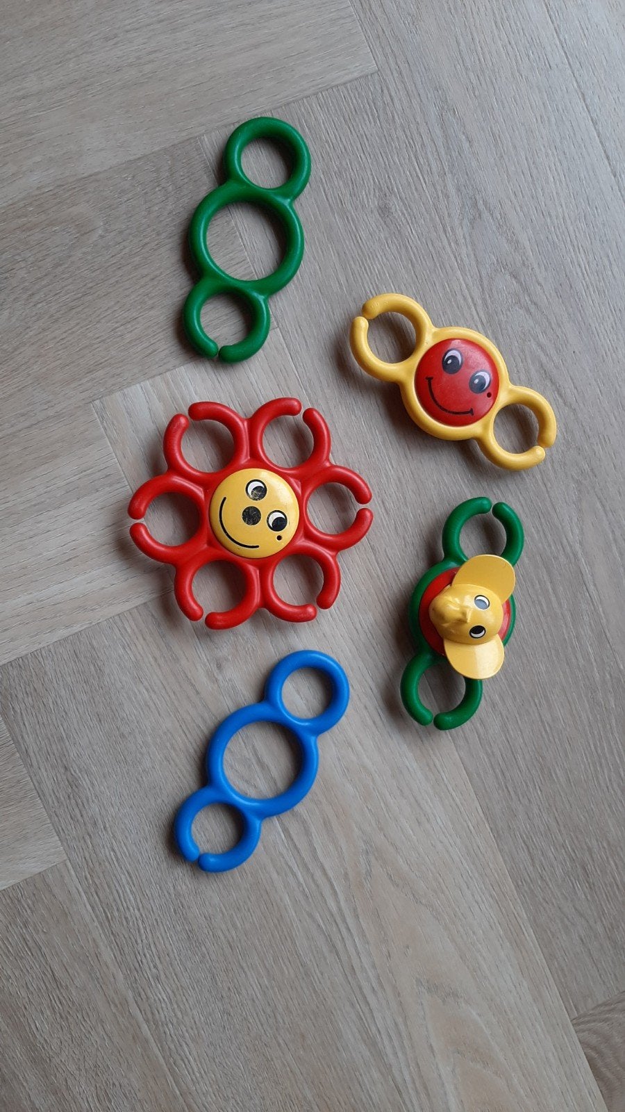 Set van 5 vintage rammelaars/bijtringen Duplo Primo, Ophalen of Verzenden, Gebruikt, Rammelaar, Met geluid