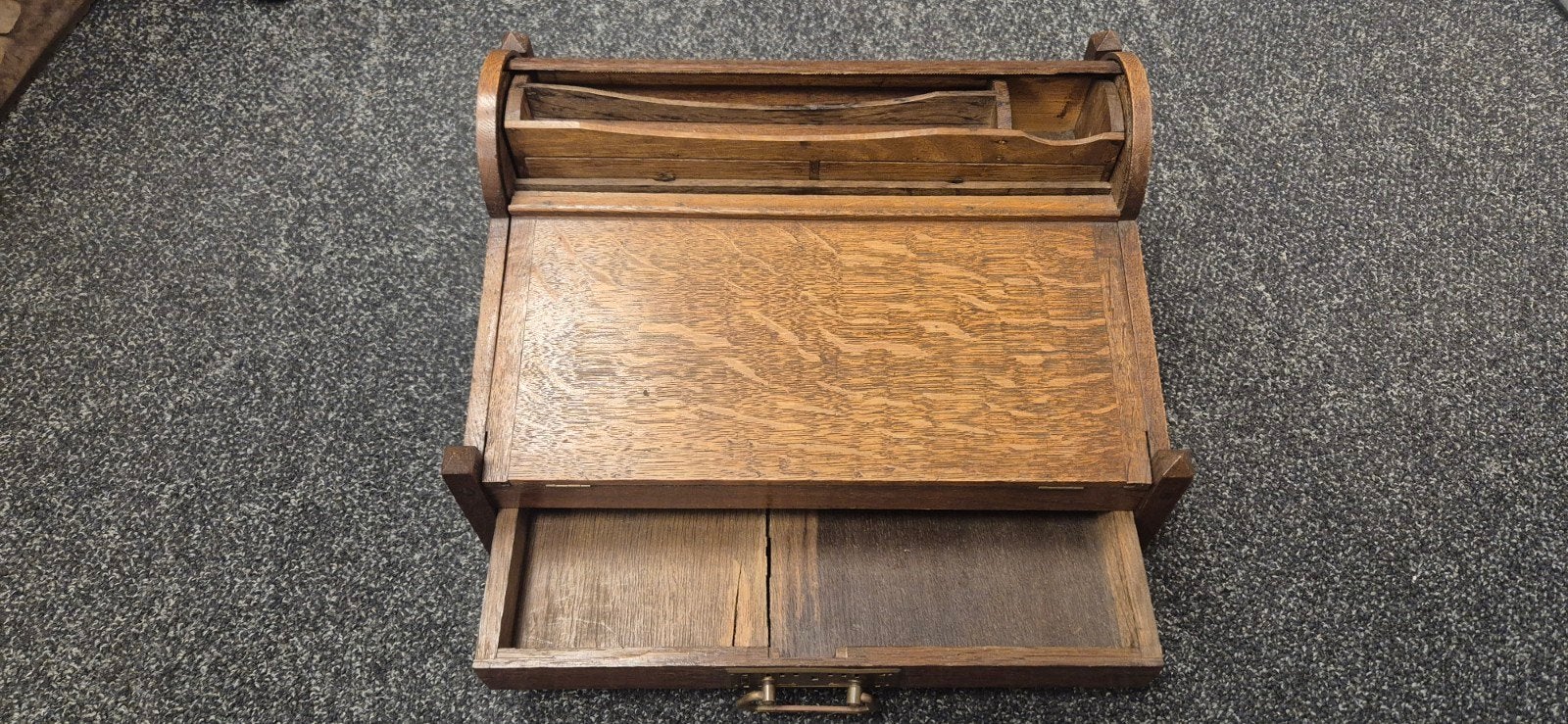Antiek Eiken Bureau Organizer Met Rolluik - Schrijfkistje, Ophalen of Verzenden