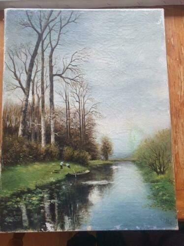 2 jongens waterkant roeiboot Hollands Landschap G J Stol, Ophalen