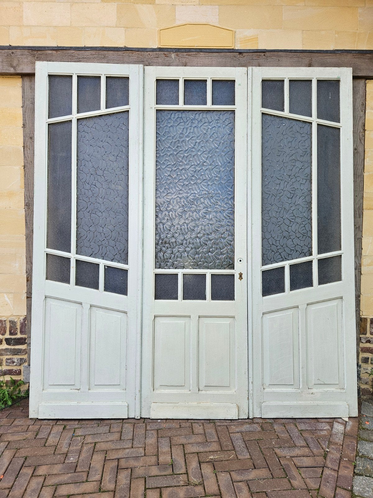 Set van 3 antieke deuren 'drieluik' met geëtst glas, Doe-het-zelf en Verbouw, Ophalen, Gebruikt, Binnendeur, Glas