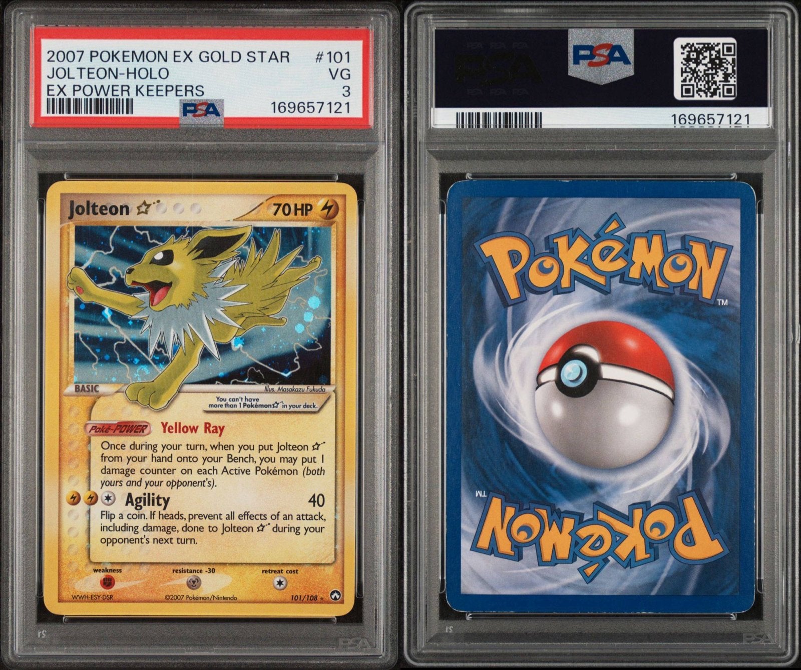 2007 Pokemon EX Gold Star Jolteon-Holo PSA 3, Ophalen of Verzenden, Gebruikt, Losse kaart