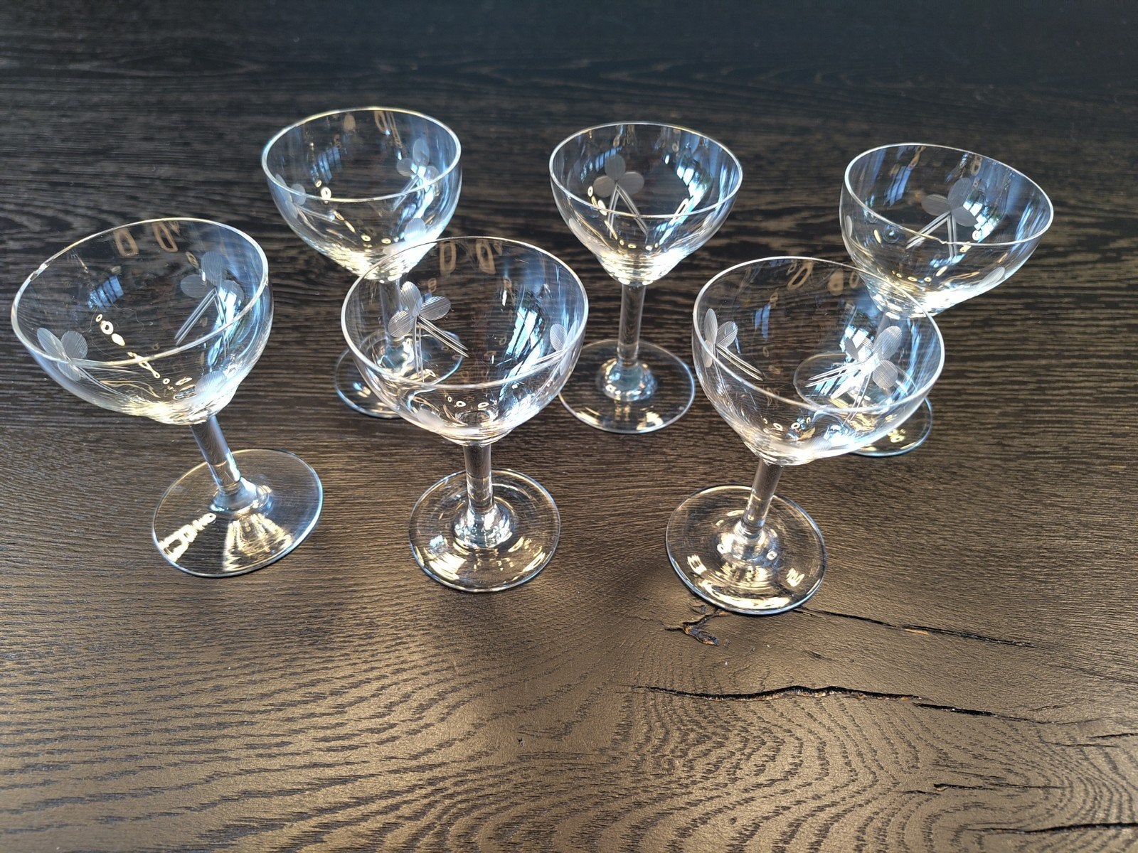 Set van 6 antieke handgegraveerde borrelglaasjes (35cc), Antiek en Kunst, Antiek | Glas en Kristal, Ophalen of Verzenden