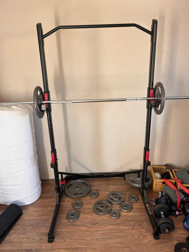 Domyos Squat Rack met Halterstang,  gewichten en optrekstang, Ophalen, Gebruikt, Armen, Halterstangen