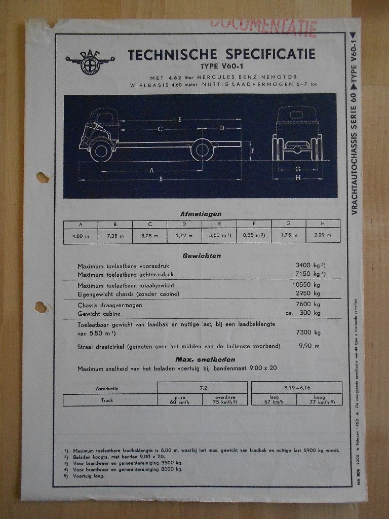 DAF V60 - 1 Technische Specificatie folder 1953 Kikker V 60, Ophalen of Verzenden, Zo goed als nieuw, Overige merken, DAF