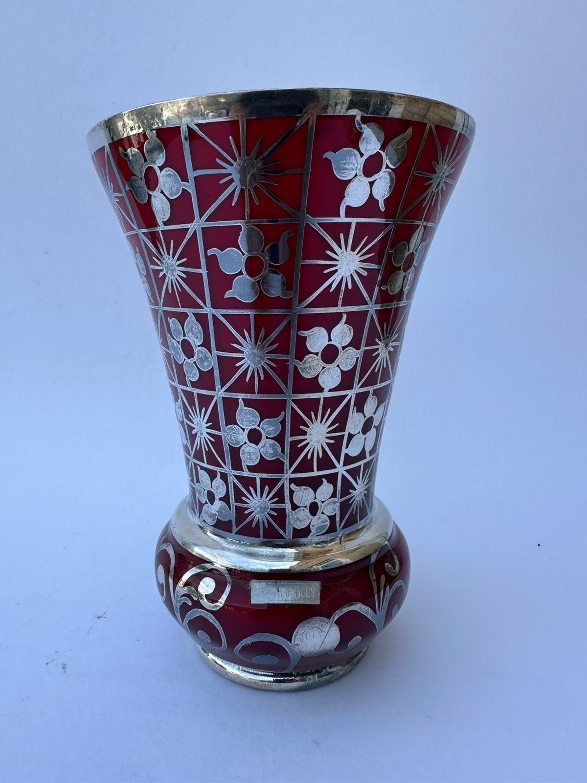 Rood glazen vaas met zilver opgehoogd J.N Bohemia 1930, Antiek en Kunst, Antiek | Glas en Kristal, Ophalen of Verzenden