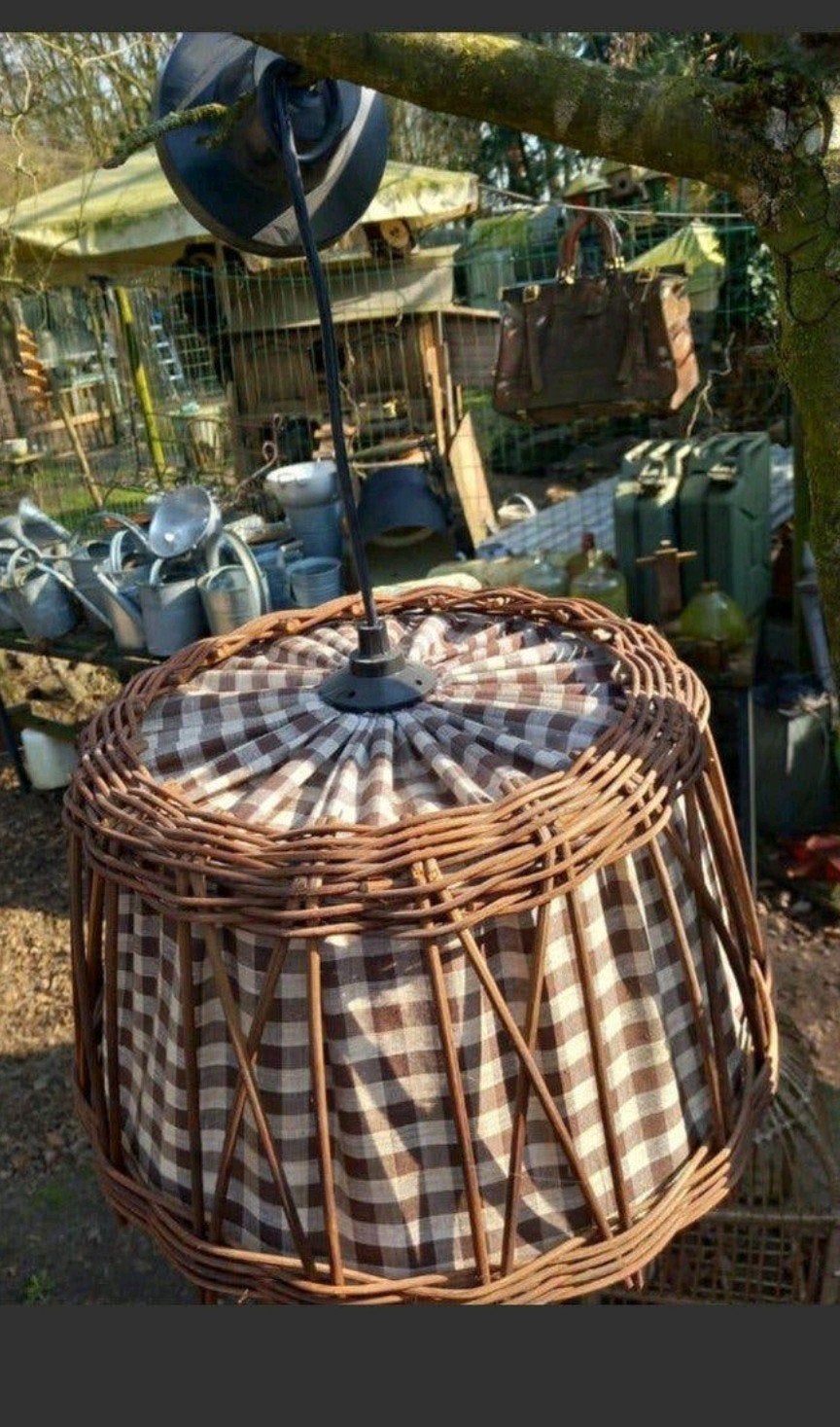 Rotan retro hanglamp met geruite stoffen kap, Natuurlijk materiaal, Zo goed als nieuw, Retro, Landelijk, Vintage, E27 (groot)