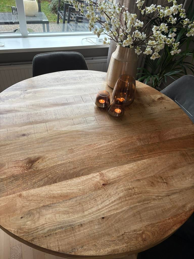 Ronde eettafel van mangohout en boekenkast, Ophalen, Gebruikt, 100 tot 150 cm, Rond