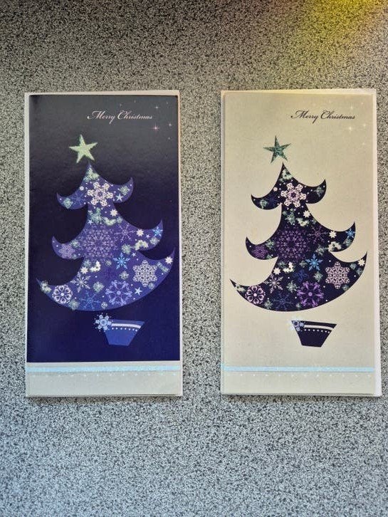 4x kerstkaarten met kerstboom Merry Christmas, Diversen, Kerst, Ophalen of Verzenden