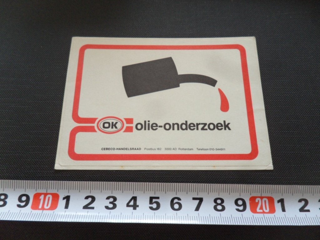 sticker OK olie-onderzoek  CEBECO Handelsraad Rotterdam, Verzamelen, Ophalen, Zo goed als nieuw