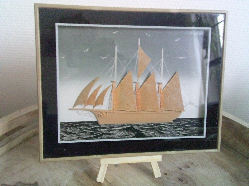 VINTAGE afbeelding zeilschip 3d klein schilderij made spanje, Ophalen of Verzenden