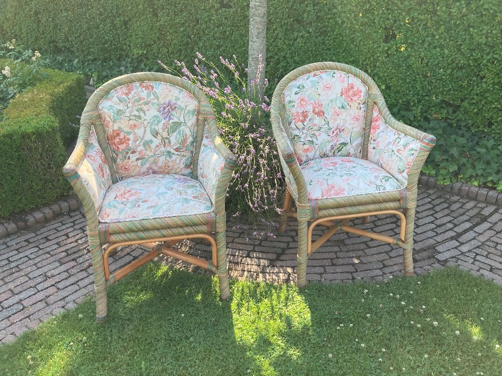 Rotan fauteuil kleurrijk 2x, Huis en Inrichting, Ophalen, Gebruikt, Minder dan 75 cm, Romantisch kleurrijk