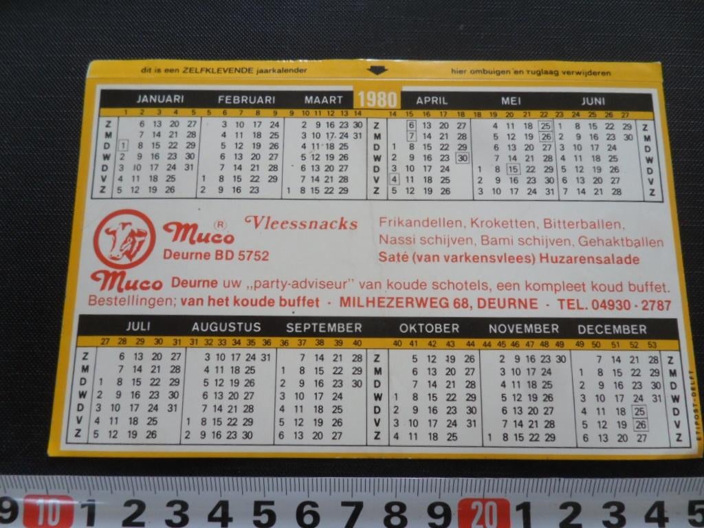 sticker Kalender 1980 Deurne MUCO Vleessnacks Milhezerweg, Ophalen, Zo goed als nieuw