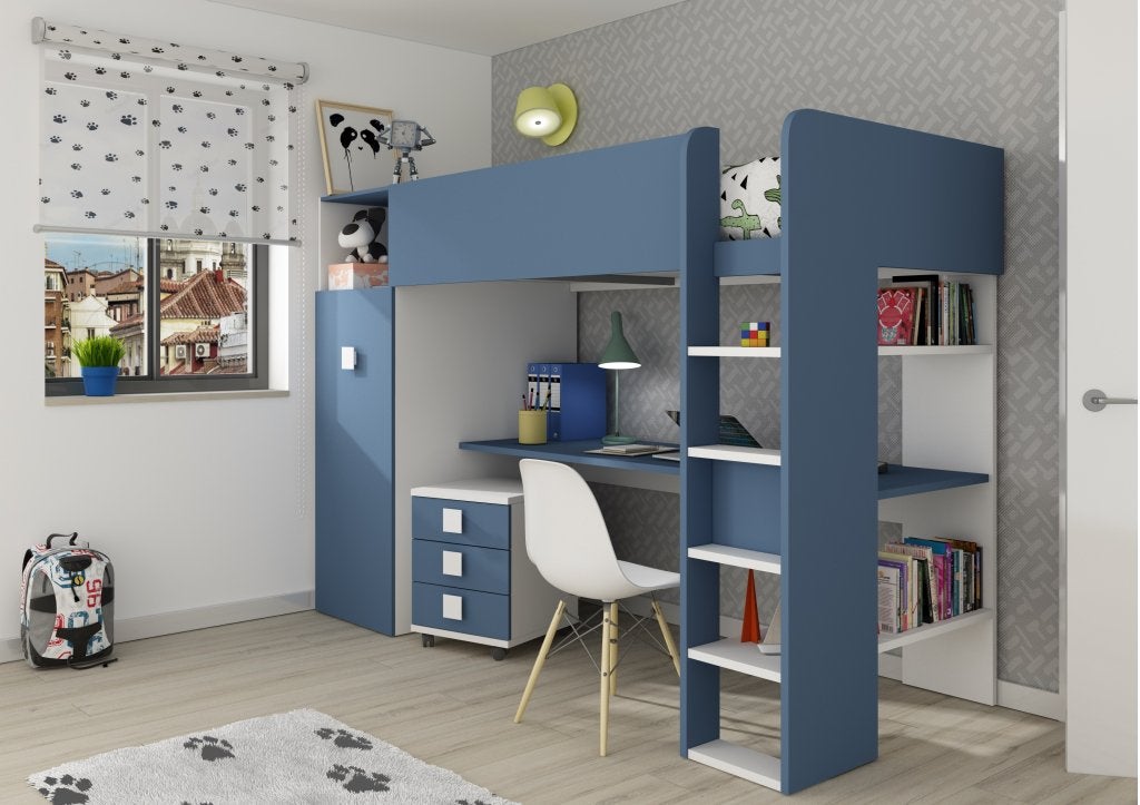 Jules hoogslaper plus met bureau en kast - 90x200 - Blauw, Niet ingevuld, Niet ingevuld, Niet ingevuld