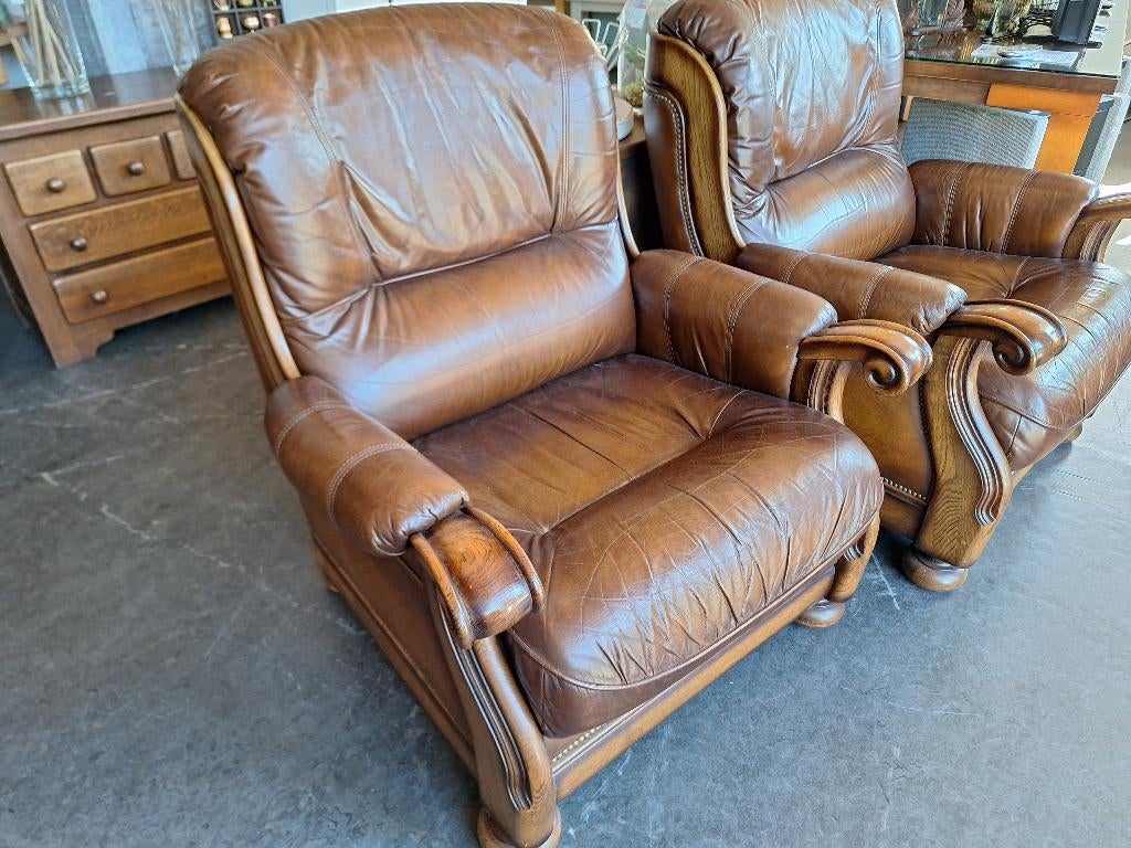 Fijne ouderwetse lederen fauteuils, Huis en Inrichting, Fauteuils, Ophalen, Gebruikt, Onbekend, 75 tot 100 cm
