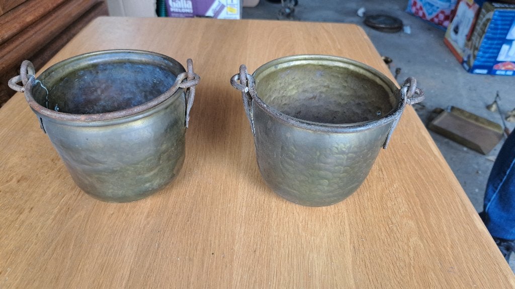 Antiek koper koperen bloempot bloempotten met hengsel 2x, Antiek en Kunst, Ophalen of Verzenden