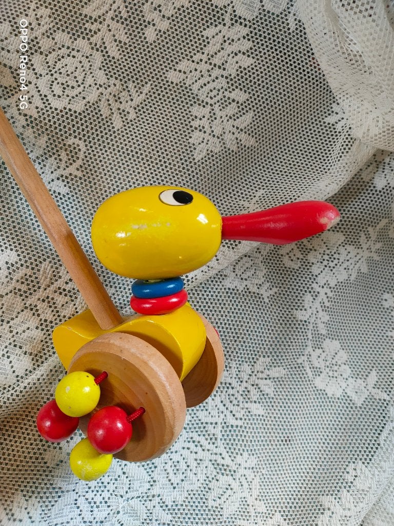 Houten speelgoed /2 duwloopstokken eendje / lieveheersbeest, Ophalen of Verzenden, Gebruikt, Duw- of Trekspeelgoed